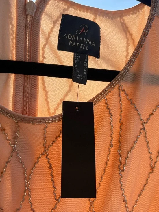 🆕✨ Adrianna Papell Blush Beaded Mesh Gown Maxi Dress Size 8 Sequin Nude Pink - Picture 13 of 16